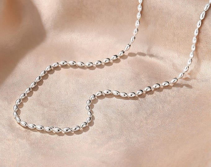 Minimalist S925 Sterling Silver Rice Bead Chain, Dainty Silver Beaded Strand, Adjustable Clavicle Necklace for Women