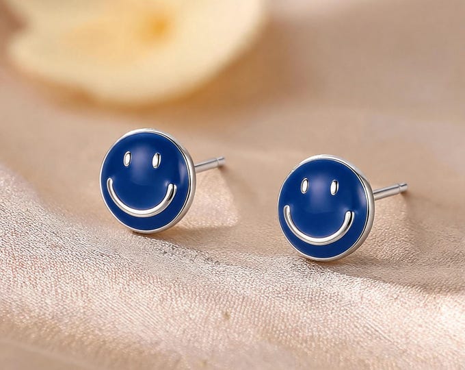 Tiny Blue Smiley Face Stud Earrings, Solid 925 Sterling Silver Enamel, Dainty Cute Design, Daily Wear Jewelry, Gift for Friend & Yourself