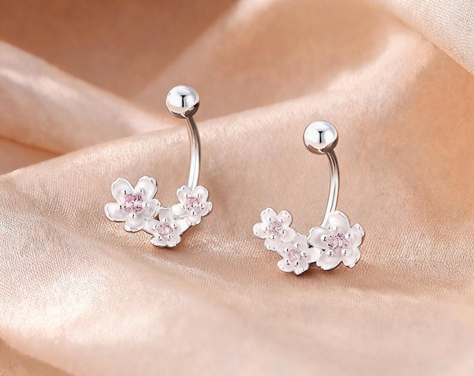 Charming S999 Sterling Silver Floral Hook Earrings, Dainty 3-Flower Curve Design with Sparkling Pink CZ, Sweet Romantic Gift for Girlfriend
