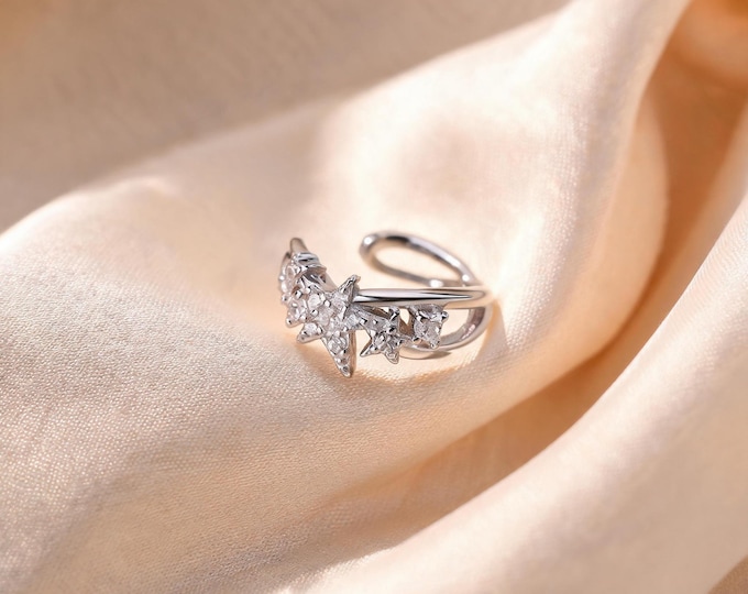 Solid S925 Sterling Silver Star CZ Ear Cuff with Minimalist Open Band Design, Sparkling No-Piercing Jewelry Gift for Bestie or Girlfriend.