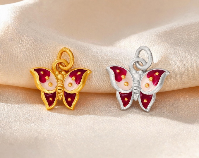 Premium S999 Sterling Silver Enamel Butterfly Charm Pendant with Double Loops for DIY Necklace Bracelet Earring Jewelry Making Supplies