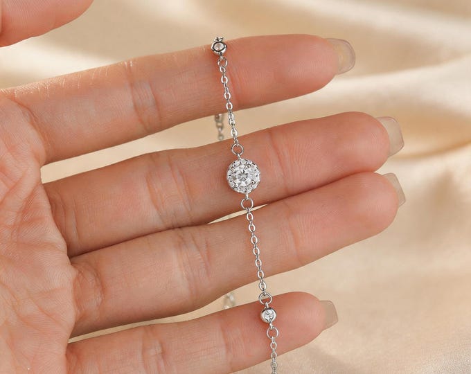 S999 Fine Silver Oval CZ Cabochon Bracelet, Dainty Pure Silver Bracelet with Sparkling Zircon, Minimalist Shimmering Jewelry, Gift for Her