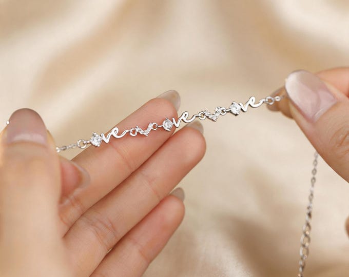S925 Sterling Silver LOVE Bracelet, Dainty Micro Pave Zircon Letter Bracelet for Women, Minimalist Script Initial Jewelry, Romantic Gift