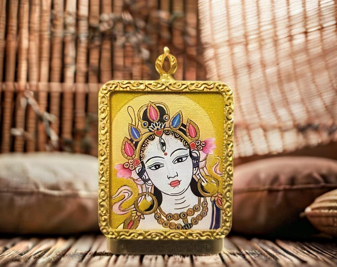 White Tara Thangka Painting Necklace Pendant, Talisman Unique Hand Painted Gift