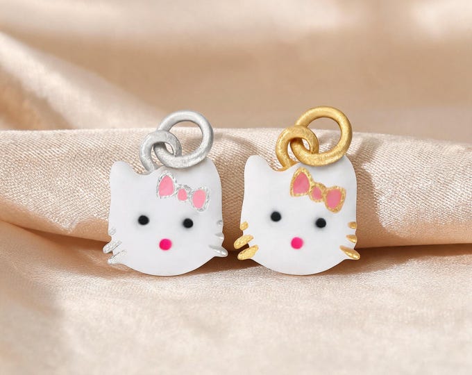 S999 Sterling Silver Enamel Cartoon Cat Charm Pendant with Double Loop for DIY Necklace Bracelet Earring Jewelry Making