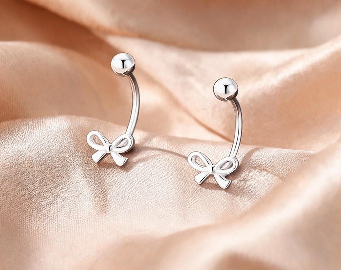 Charming Minimalist S999 Sterling Silver Bow Screw Back Stud Earrings, Sweet Romantic Everyday Jewelry Gift for Wife or Girlfriend.