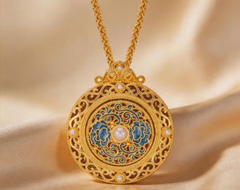 Spinning Pearl Enamel Pendant Necklace | 14K Gold Plated Rotating Medallion | Blue Filigree Good Luck Charm | Artisan Jewelry Gift