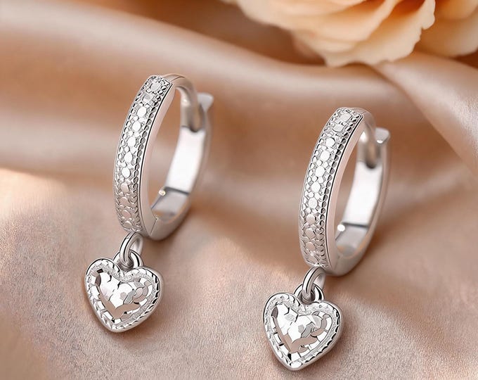 925 Sterling Silver Heart Drop Huggie Hoop Earrings, Textured Hammered Dangle Mini Hoops, Dainty Daily Fine Jewelry, Gift for BFF & Self