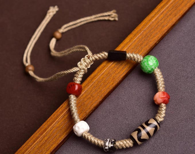 Men's / Women's Natural Agate Dzi Bead Tibetan-style Hand Rope/Adjustable Bracelet/Personalized Gifts/Couple's Bracelet/Buddhist talisman