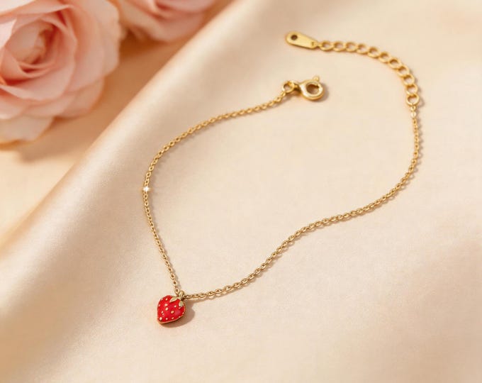 S999 Fine Silver Strawberry Bracelet - Dainty 14K Gold Plated Red Fruit Charm for Women, Shimmering Minimalist Jewelry, Adjustable Gift