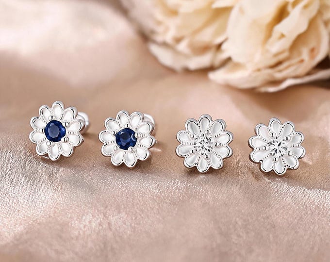 999 Fine Silver Daisy Screw Back Studs, Blue White CZ Flower Earrings, Dainty Mini Design, Daily Fine Jewelry, Gift for BFF & Self
