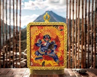 Hand Painted Black Jambhala Thangka Pendant, Tibetan Talisman Feng Shui Necklace Gift