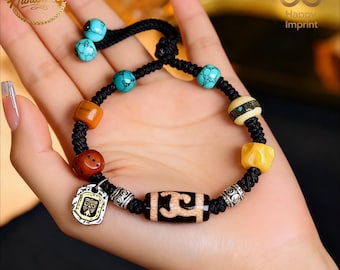 Tibetan Dzi Bead Bracelet Agate Luck Bracelet Braided Woven Knot Bracelet Protection Amulet Bracelet Spiritual Gifts for Family & Friends