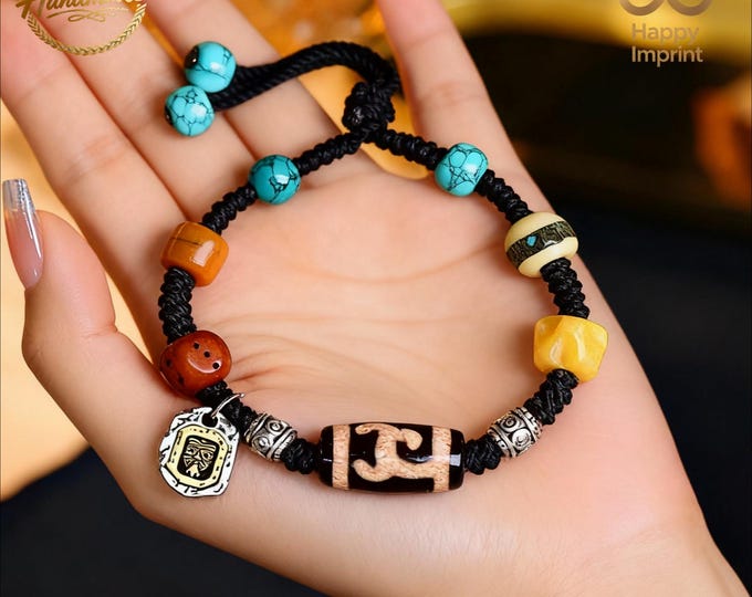 Tibetan Dzi Bead Bracelet Agate Luck Bracelet Braided Woven Knot Bracelet Protection Amulet Bracelet Spiritual Gifts for Family & Friends