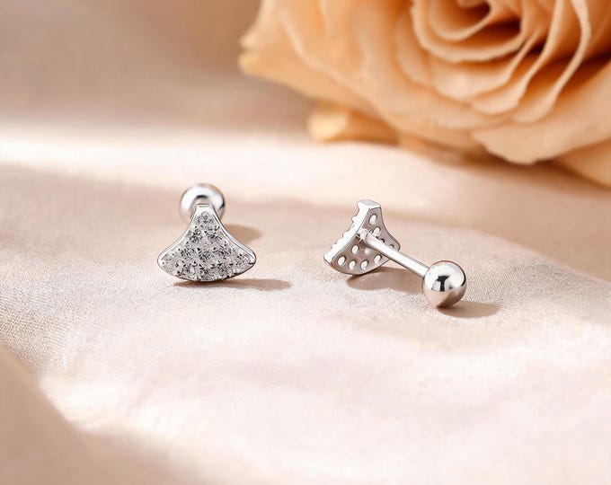 Charming S999 Sterling Silver Nature Ginkgo Leaf Earrings, Pave CZ, Sleep-In Screw Back Studs, Sweet Gift for Women
