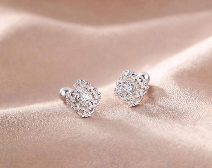 Dainty and Exquisite S999 Sterling Silver Vintage Filigree Floral Stud Earrings with Sparkling CZ, Sweet Anniversary Jewelry Gift for Wife.