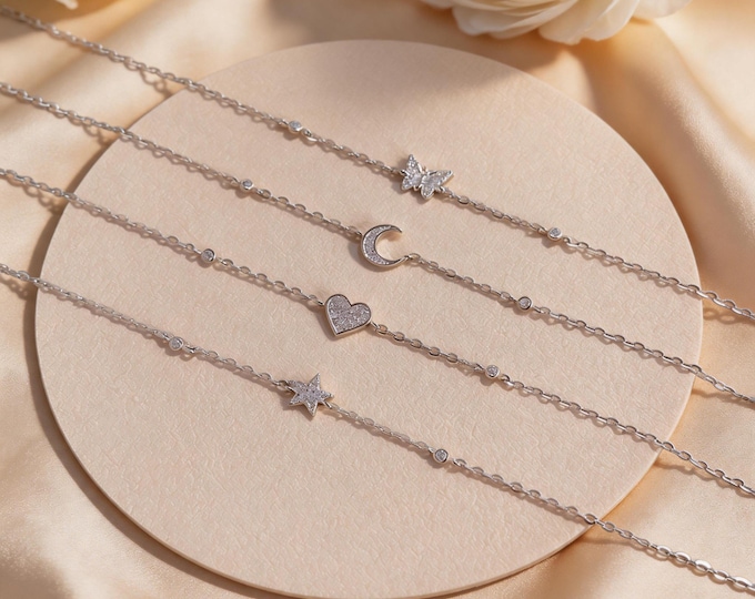 S925 Sterling Silver Micro Pave Charm Bracelet - Dainty Minimalist Heart Moon Star Butterfly for Women, Sparkly Shimmering Adjustable Gift