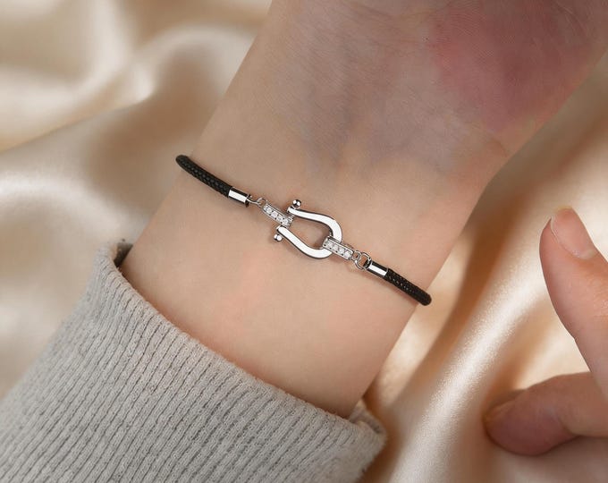 S925 Sterling Silver Horseshoe Bracelet Black Braided Cord with Micro Pave CZ Lucky Charm, Adjustable Equestrian Jewelry, Gift for Men Women