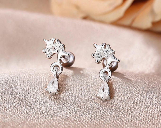 999 Silver Mini Star Dangle Studs, Paved CZ Starburst Teardrop, Dainty Celestial Earrings, Daily Fine Jewelry, Gift for Sister & Self