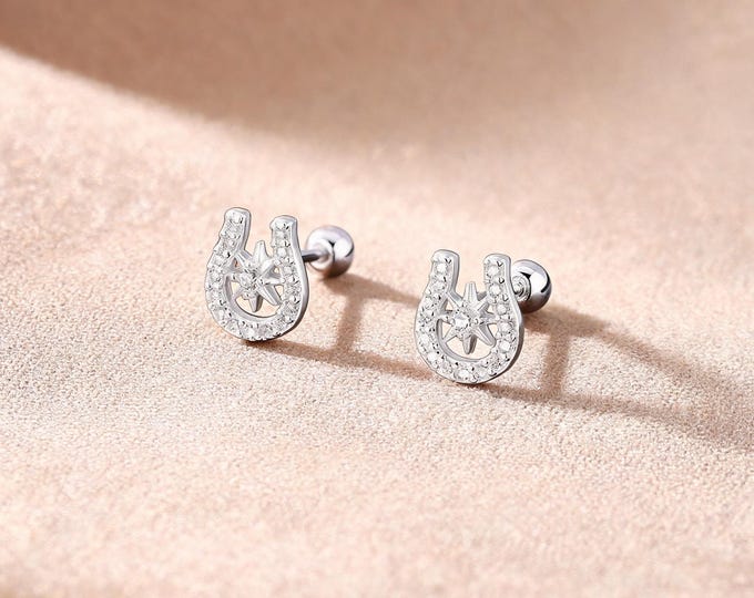 Elegant S999 Sterling Silver Horseshoe CZ Stud Earrings with Sparkling Star Center, Meaningful Lucky Charm Jewelry Gift for Her and Teens.