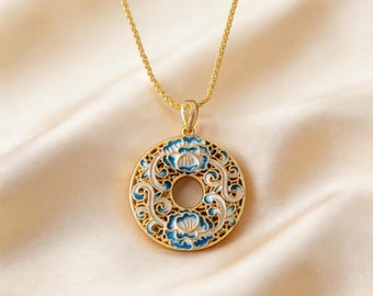 Handmade Gold Filigree Enamel Pendant Necklace | Blue Lotus Round Medallion | 14K Gold Plated Vintage Style | Artisan Jewelry Gift