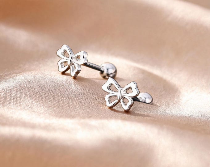 Exquisite Minimalist S999 Sterling Silver Hollow Bow Screw Back Stud Earrings, Sweet and Elegant Daily Jewelry Gift for Her Daily Wear.