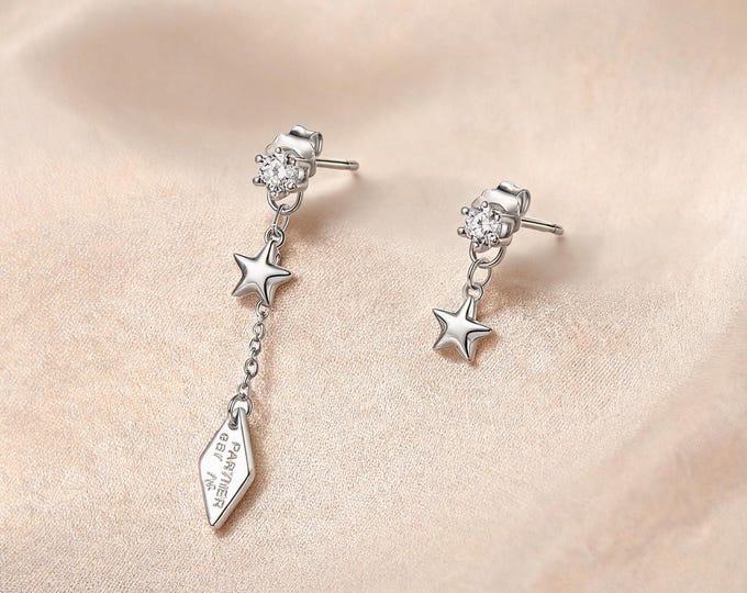 Charming Minimalist S925 Silver Asymmetric Star Threader Dangle Earrings with CZ Stone, Sweet Gift for Her Daily Wear Style for Women