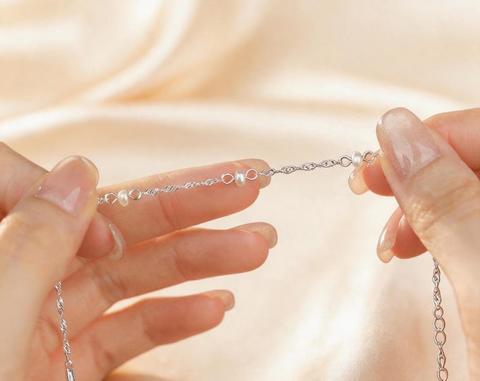 S925 Sterling Silver Natural Pearl Bracelet, Dainty Freshwater Pearl Station Bracelet for Women, Minimalist Silver Jewelry, Bridal Gift