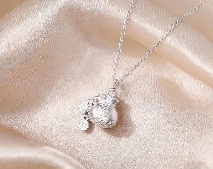 S999 Fine Solid Sterling Silver Minimalist Wealth Bag Pendant Necklace, Adjustable Lucky Coin Charm Jewelry Extender Gift for Her Women
