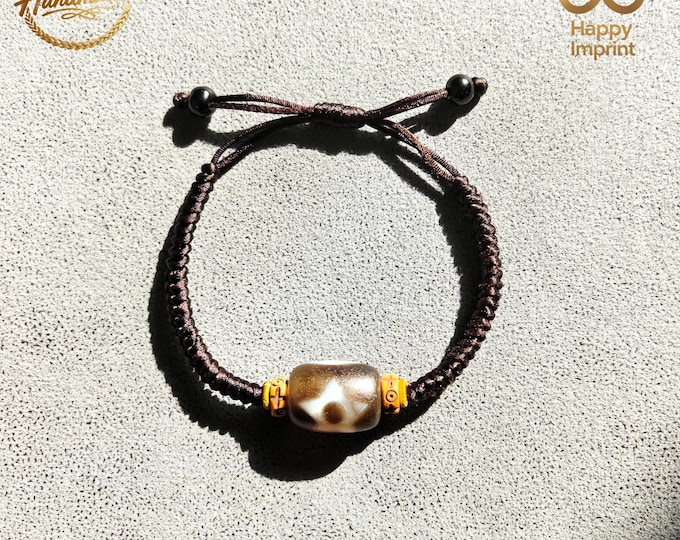 Natural Authentic 3 Eyed Dzi Bead Bracelet | Meditation Dzi Bead Bracelet | Rare Antique Agate Bracelet | Spiritual Energy Talisman