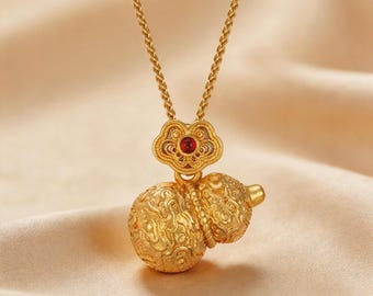 18K Gold Filigree Cloud Gourd Pendant Necklace | Matte Finish Lucky Charm | Red Gemstone Accent | Artisan Crafted Gift
