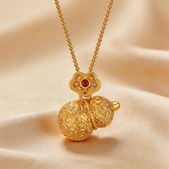 18K Gold Filigree Cloud Gourd Pendant Necklace | Matte Finish Lucky Charm | Red Gemstone Accent | Artisan Crafted Gift
