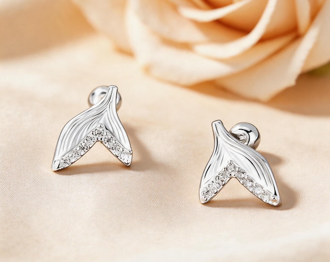 Elegant S999 Sterling Silver Mermaid Tail Stud Earrings with CZ, Perfect Self Care Gift for You or Bestie Birthday, Minimalist Daily Wear