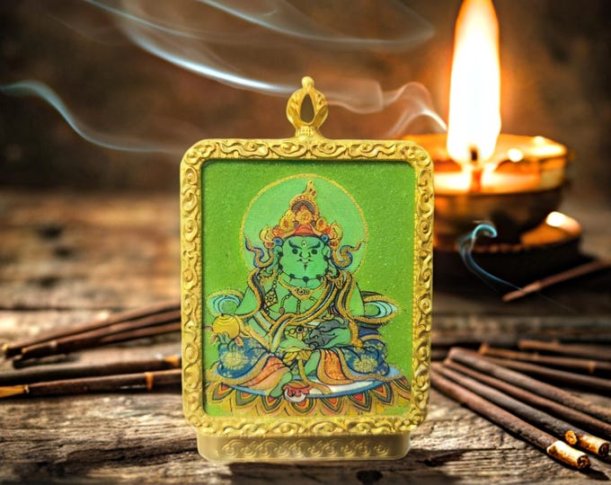 Green Jambhala Tibetan Thangka Necklace Pendant, Hand Painted Healing Temple Gift