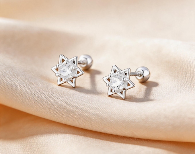 S999 Sterling Silver Star Burst Screw Back Stud Earrings with Sparkling CZ Stone, Elegant Romantic Anniversary Birthday Jewelry Gift