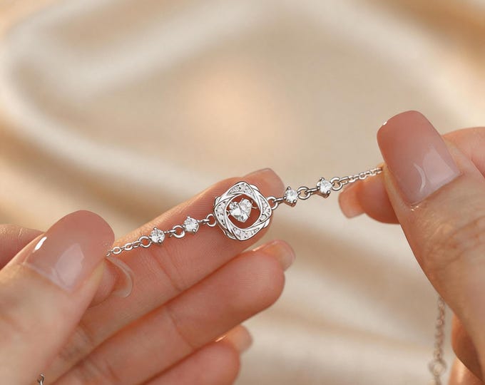 S999 Fine Silver Hollow Flower Bracelet, Dainty Heart Zircon Charm Bracelet for Women, Minimalist Floral Silver Jewelry, Romantic Gift