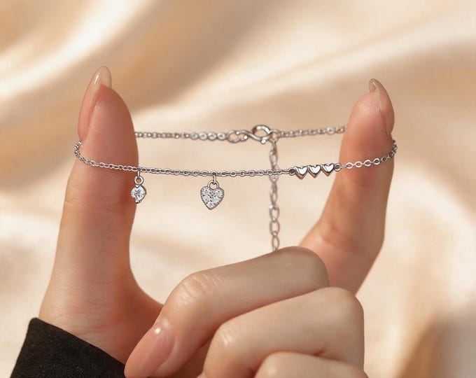 S999 Fine Silver Heart Bracelet, Dainty Micro Pave CZ Heart Jewelry for Women, Minimalist Shimmering Pure Silver Anniversary Gift