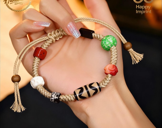 DZI Agate Bead Bracelet Tibet Style Adjustable Knot Bracelet Spiritual Wellness & Mindfulness Affordable Gift for Couple Protection Amulet