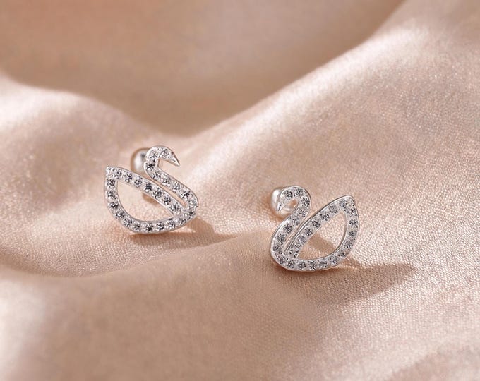 Charming S999 Sterling Silver Swan Stud Earrings with Sparkling Micro Pave CZ Stones, Elegant Animal Jewelry Gift for Her Special Day.