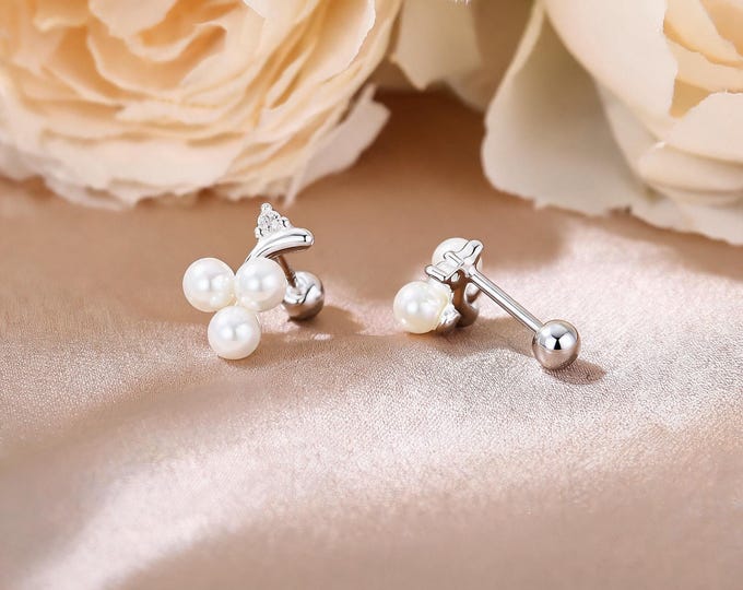 Adorable S999 Sterling Silver Grape Pearl Stud Earrings, Trendy Self Care Jewelry Gift for You, or Sweet Birthday Surprise for Bestie.