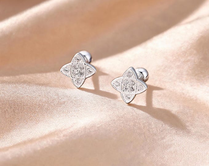 Charming Dainty Minimalist S999 Silver Four Point Star CZ Stud Earrings with Secure Screw Back, Hypoallergenic Gift for Her Daily Wear.