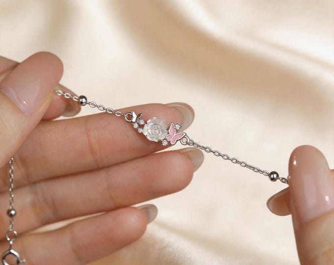 S925 Sterling Silver Butterfly and Flower Bracelet - Dainty Micro Pave CZ Floral Charm Chain for Women, Nature Inspired Jewelry, Adjustable