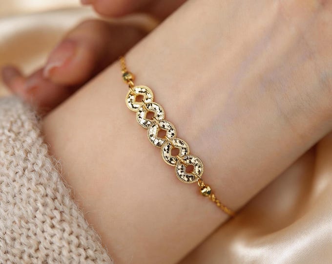 S925 Sterling Silver 5-Coin Linked Bracelet Dainty 14K Gold Plated Minimalist Lucky Charm Chain, Shimmering Jewelry, Adjustable Gift for Her