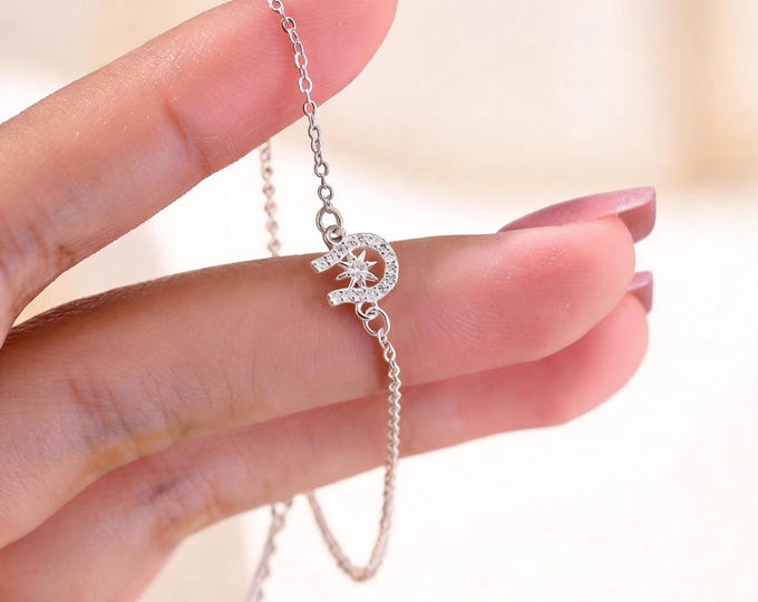 Minimalist S999 Silver Bracelet with Horseshoe Star Charm, Micro-pave Zirconia, Adjustable Chain, Gift for Wife Girlfriend Anniversary
