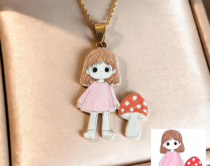 Custom Kids Drawing Girl Mushroom Pendant Necklaces, Stainless Steel Necklace Pendant Charm Keychain and Fridge Magnet Personalized Keepsake