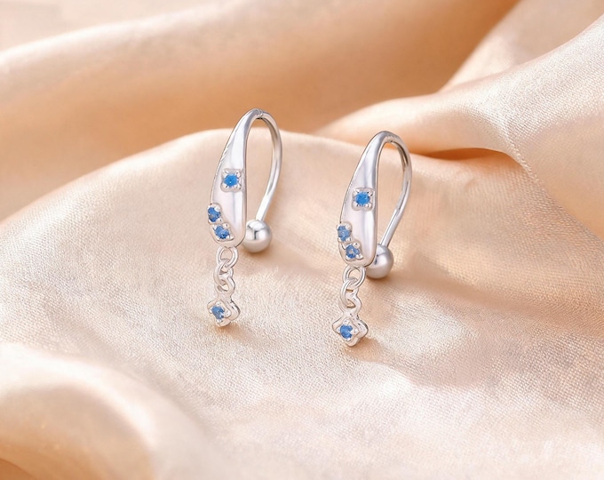 S999 Sterling Silver Teardrop Blue CZ Dangle Screw Studs, Trendy Fresh Jewelry Gift for Bestie or Girlfriend.