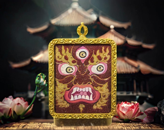 Hand Painted Red Jambhala Thangka, Tibetan Art Feng Shui Talisman Necklace Pendant gift