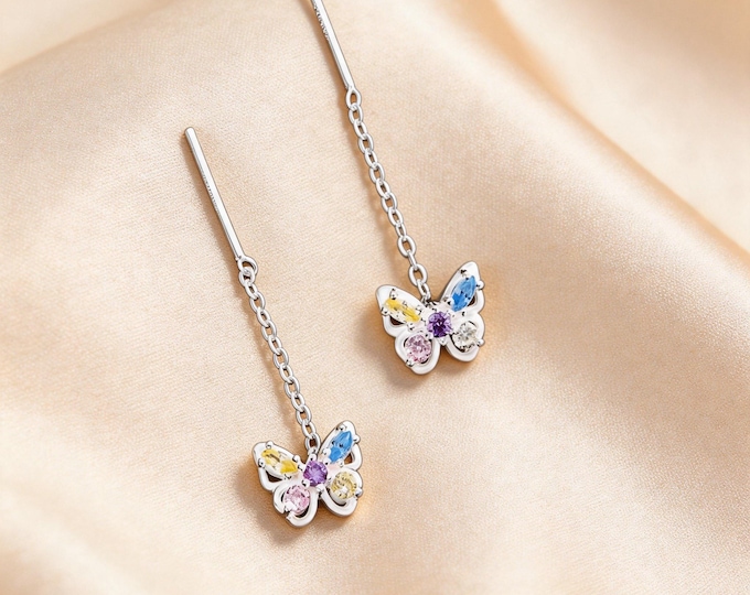 S999 Sterling Silver Colorful CZ Butterfly Threader Dangle Earrings, Romantic Summer Vacation Jewelry Gift for Wife or Girlfriend.