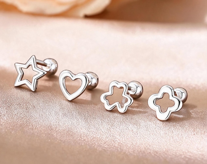 Dainty 999 Silver Screw Back Stud Earrings, Star Heart Clover Designs, Hollow Outline Mini Studs, Daily Fine Jewelry, Gift for Friend & Self