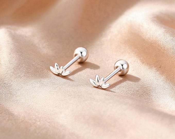 Charming Solid S999 Sterling Silver Tiny Lotus Stud Earrings, Minimalist and Versatile Everyday Jewelry Gift for Girlfriend or Women.